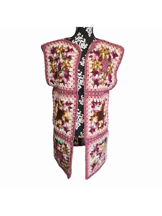 Handmade Jackets & Blazers - Handmade Crochet Granny Square Vest Pink Purple Boho Medium Large